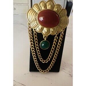 Vintage Gold Tone Statement Brooch Red Green Cabochon Chain Drape Runway Boho